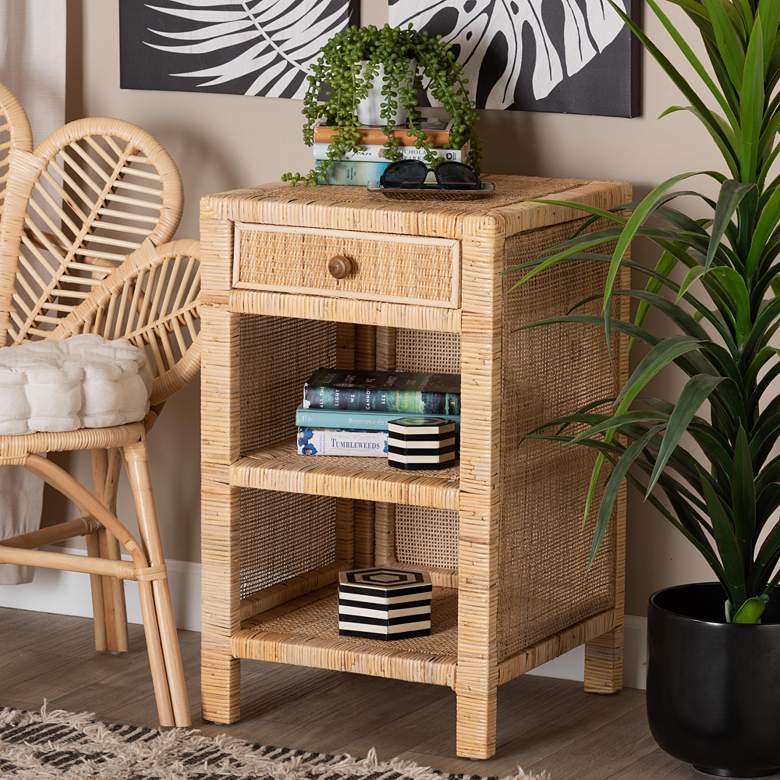 Image 1 Bella 18 1/4"W Brown Wood Natural Rattan 1-Drawer Nightstand