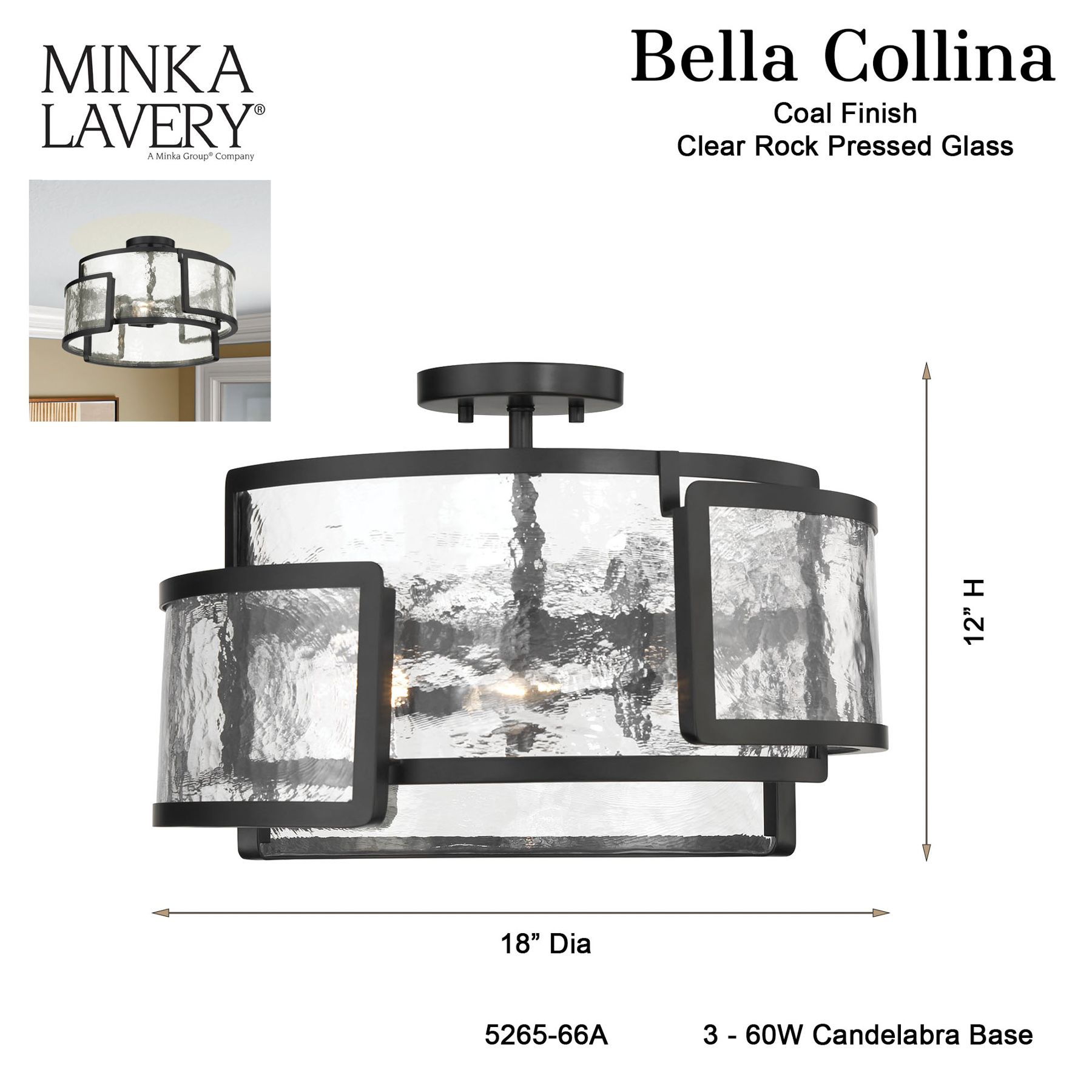 Bella Collina 18" Wide Coal Black 3-Light Ceiling Light