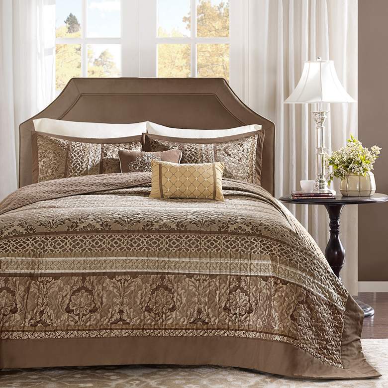 Image 2 Bellagio Brown and Gold Striped Queen 5-Piece Bedspread Set
