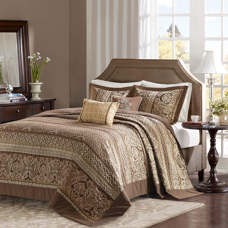 Image 1 Bellagio Brown and Gold Striped Queen 5-Piece Bedspread Set