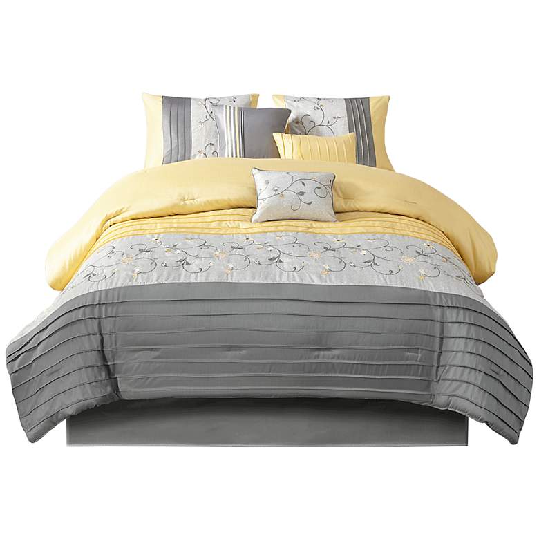 Image 2 Belle Yellow Gray Striped 7-Piece Queen Comforter Bed Set