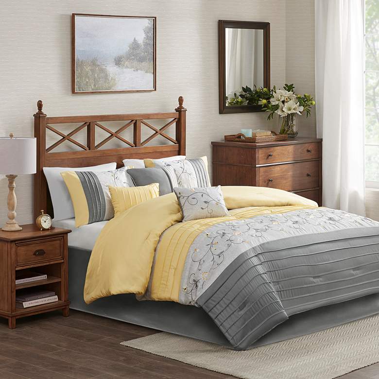 Image 1 Belle Yellow Gray Striped 7-Piece Queen Comforter Bed Set