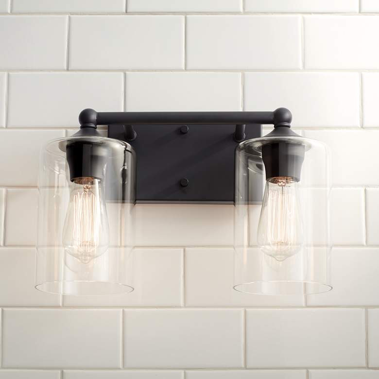 Image 1 Bellings 9 1/2" High Black and Glass 2-Light bath Wall Sconce