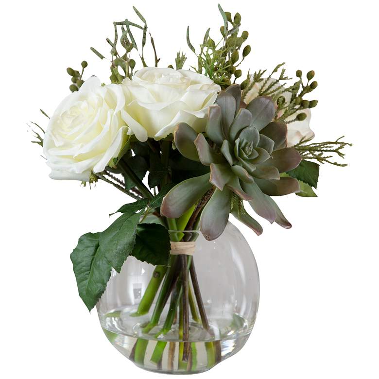 Image 2 Belmonte Cream Rose and Succulent 14 inchW Faux Floral Bouquet