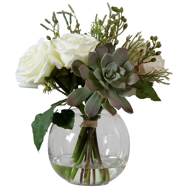 Image 2 Belmonte Cream Rose and Succulent 14"W Faux Floral Bouquet