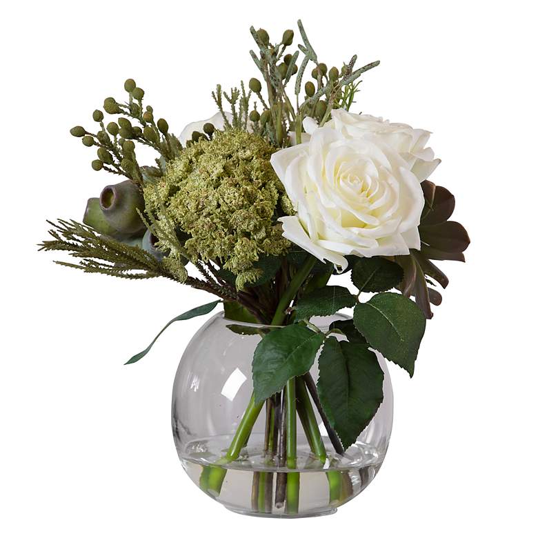 Image 3 Belmonte Cream Rose and Succulent 14"W Faux Floral Bouquet more views