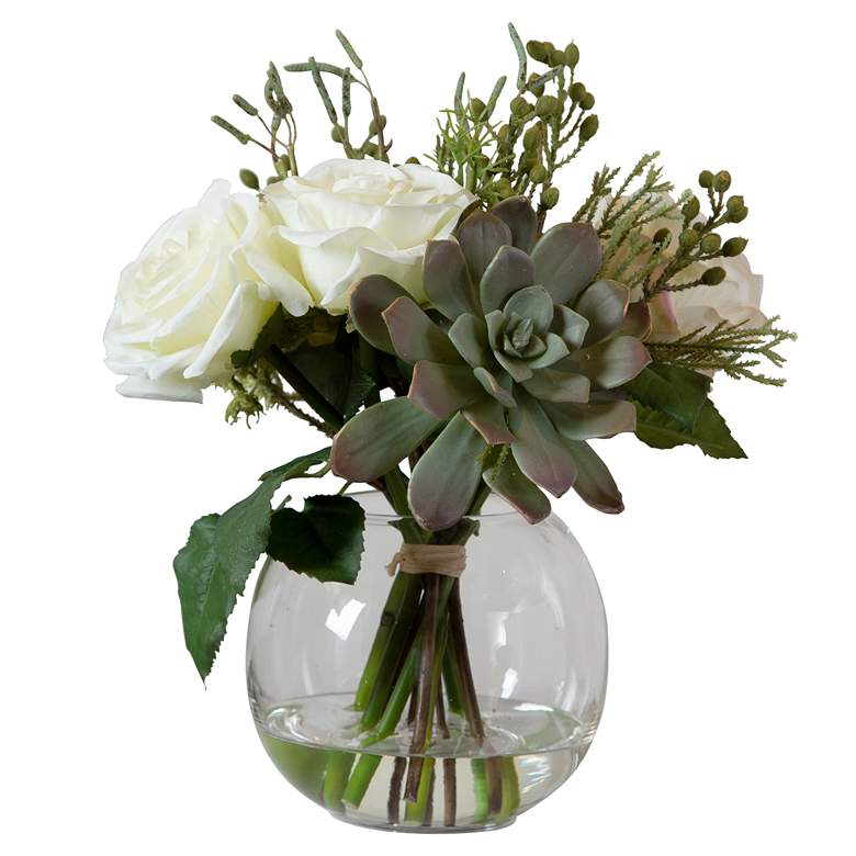 Image 4 Belmonte Cream Rose and Succulent 14 inchW Faux Floral Bouquet more views