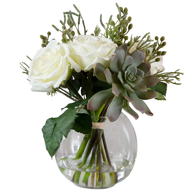 Image 4 Belmonte Cream Rose and Succulent 14 inchW Faux Floral Bouquet more views