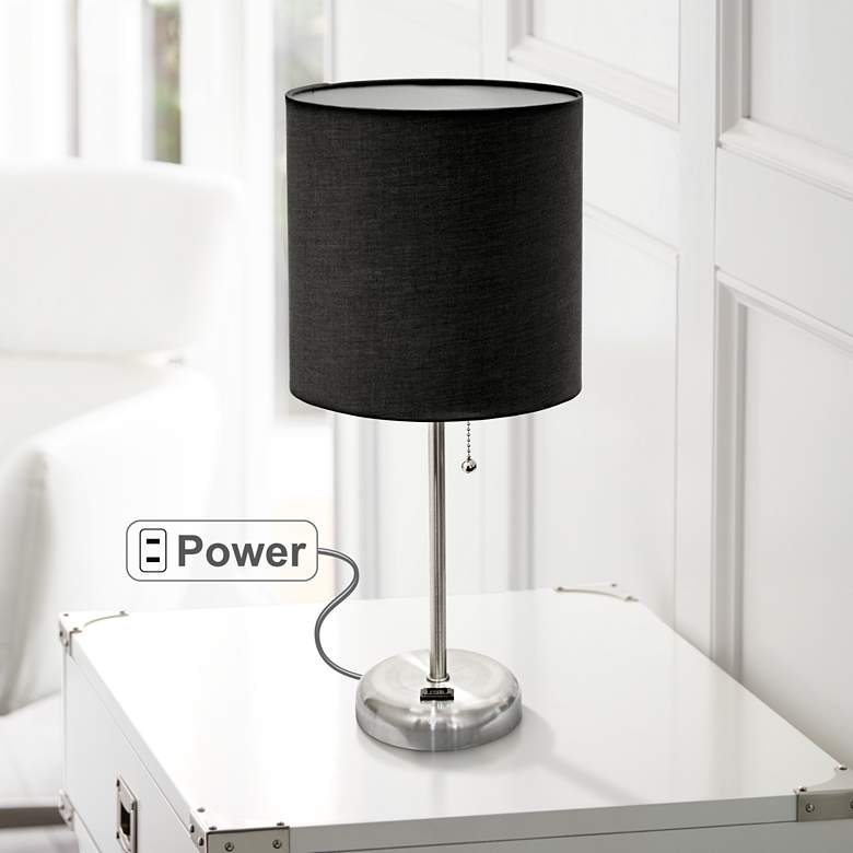 Image 1 Ben Brushed Steel 19 1/2 inch Black Shade Accent Lamp with Power Outlet