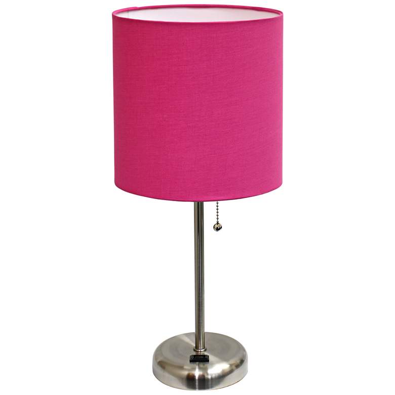 Image 2 Ben Brushed Steel 19 1/2 inch Pink Shade Accent Lamp with Power Outlet
