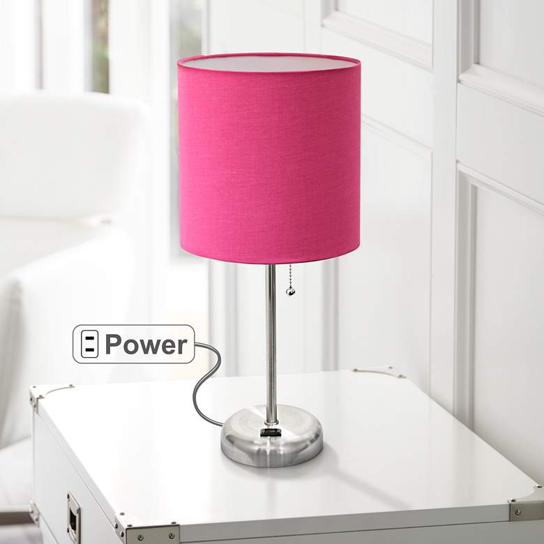 Image 1 Ben Brushed Steel 19 1/2 inch Pink Shade Accent Lamp with Power Outlet