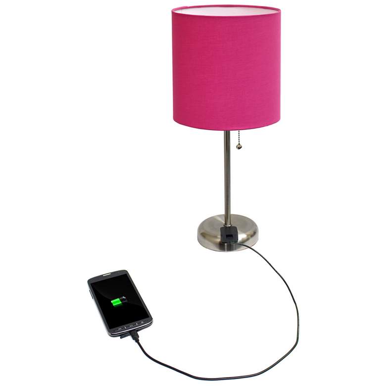 Image 3 Ben Brushed Steel 19 1/2 inch Pink Shade Accent Lamp with Power Outlet more views