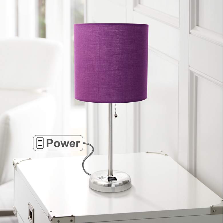 Image 1 Ben Brushed Steel 19 1/2 inch Purple Shade Accent Lamp with Power Outlet