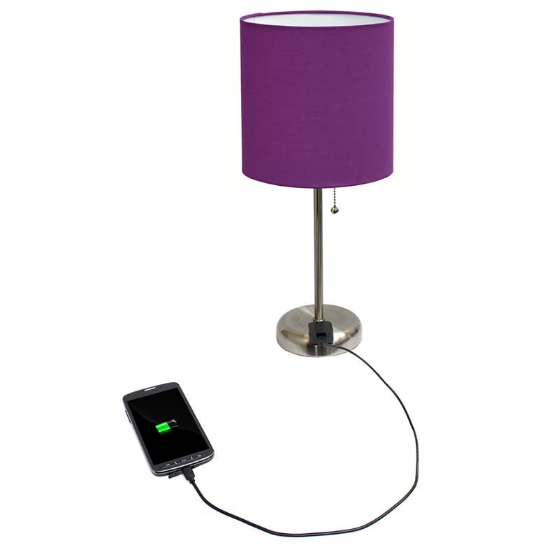 Image 3 Ben Brushed Steel 19 1/2" Purple Shade Accent Lamp with Power Outlet more views