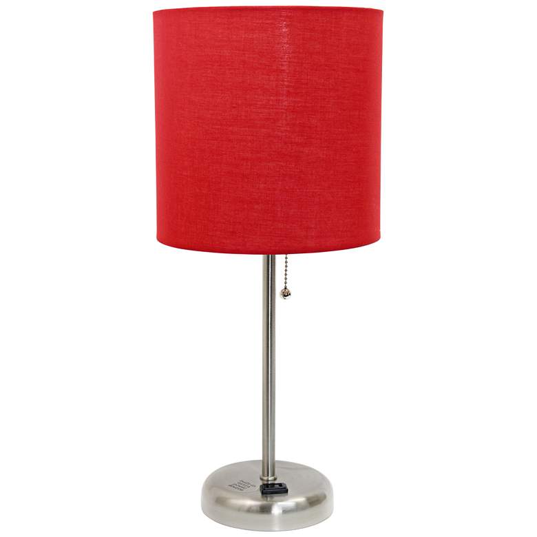 Image 2 Ben Brushed Steel 19 1/2 inch Red Shade Accent Lamp with Power Outlet