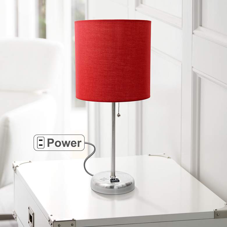 Image 1 Ben Brushed Steel 19 1/2" Red Shade Accent Lamp with Power Outlet