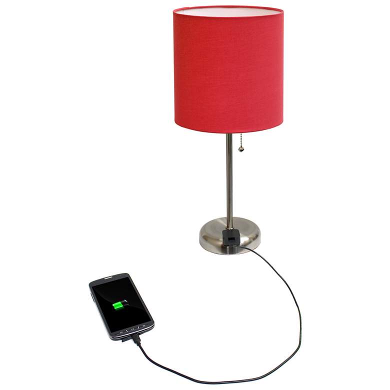 Image 3 Ben Brushed Steel 19 1/2" Red Shade Accent Lamp with Power Outlet more views