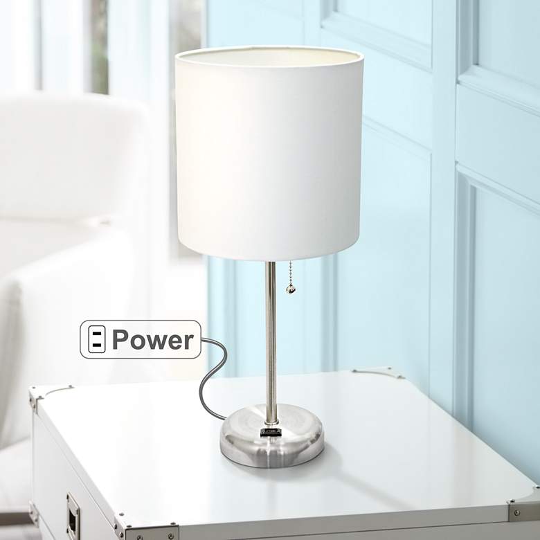 Image 1 Ben Brushed Steel 19 1/2" White Shade Accent Lamp with Power Outlet