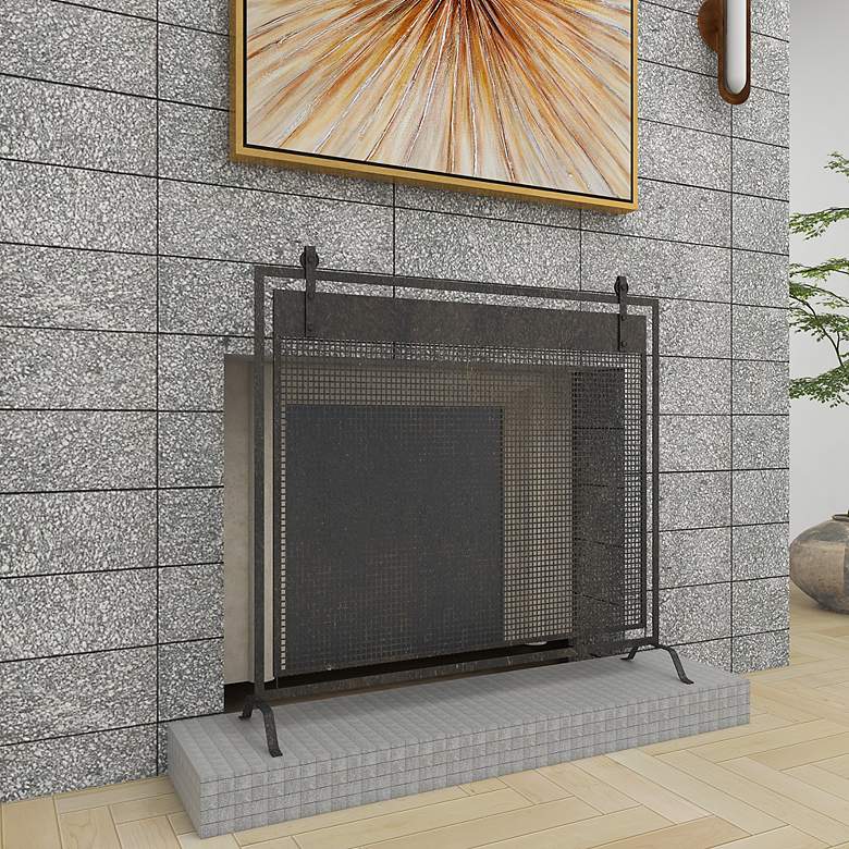 Image 7 Bender Black Metal 35" High Geometric Fireplace Screen more views