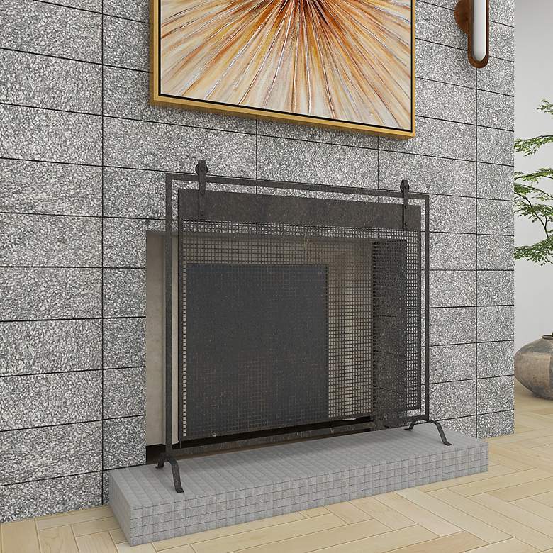 Image 7 Bender Black Metal 35 inch High Geometric Fireplace Screen more views