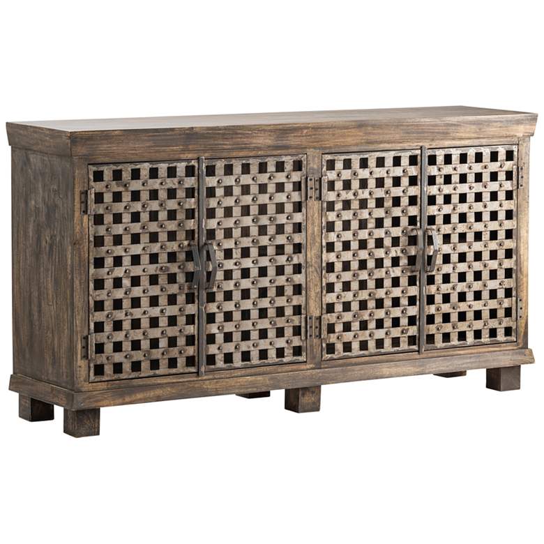 Image 1 Bengal Manor 72" Wide Mango Wood and Iron Lattice 2-Shelf Sideboard