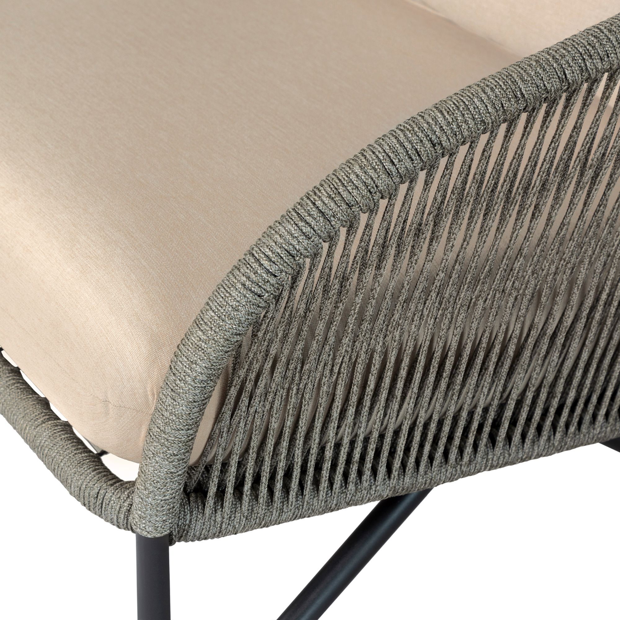 Benicia Outdoor Patio Sofa in Black Steel, Gray Rope, Taupe Olefin Cushions