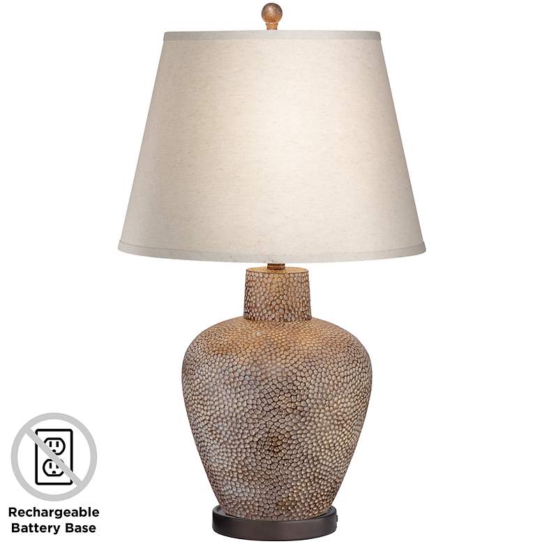 Image 1 Bentley Brown Leaf Hammered Pot Table Lamp with Battery Pack Base