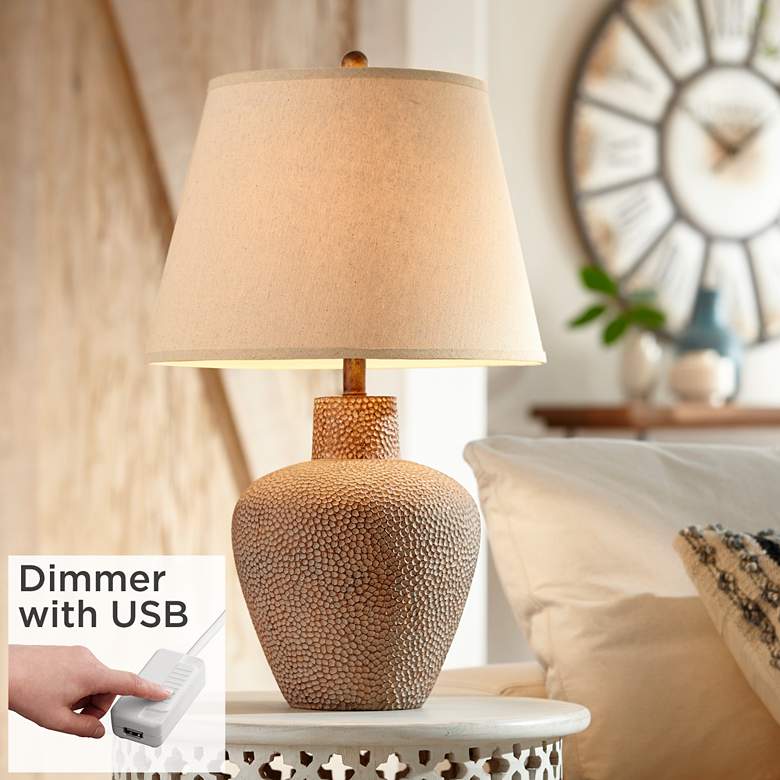 Image 1 Bentley Brown Leaf Hammered Pot Table Lamp With USB Dimmer