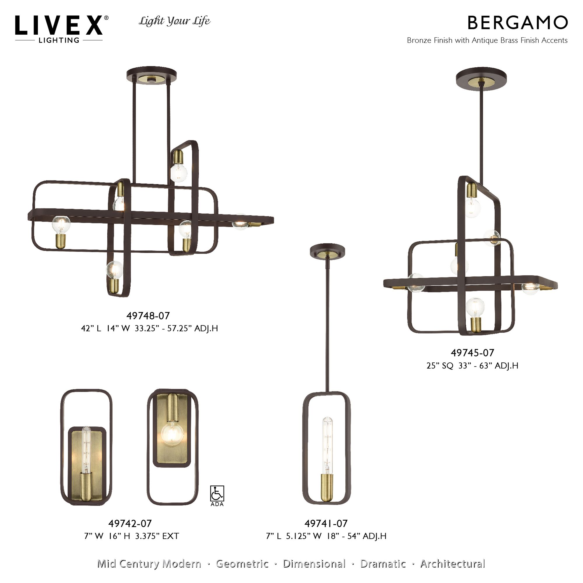 Bergamo 1 Light Bronze ADA Single Sconce with Antique Brass Accents
