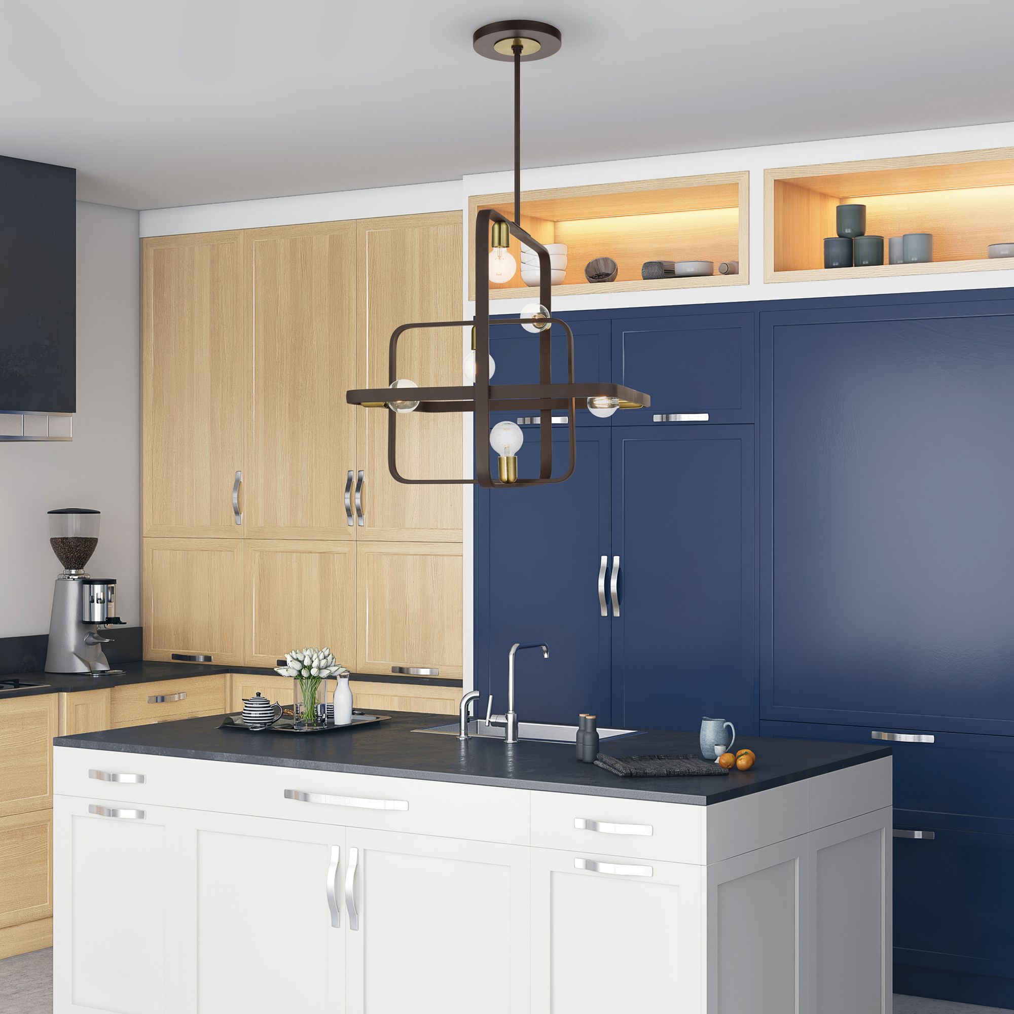 Bergamo 6 Light Bronze Chandelier with Antique Brass Accents