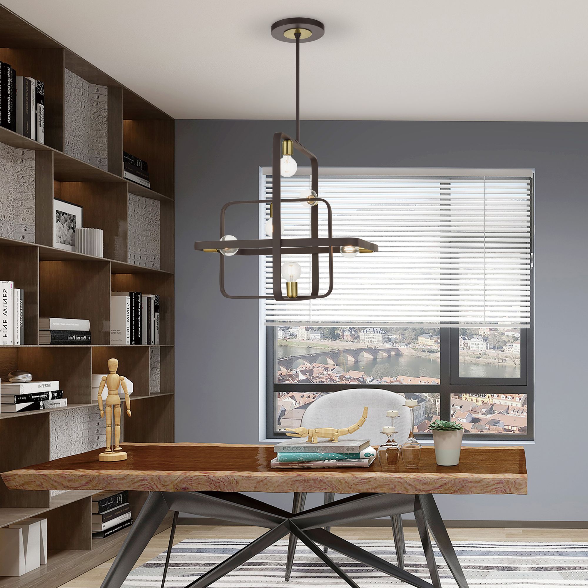 Bergamo 6 Light Bronze Chandelier with Antique Brass Accents