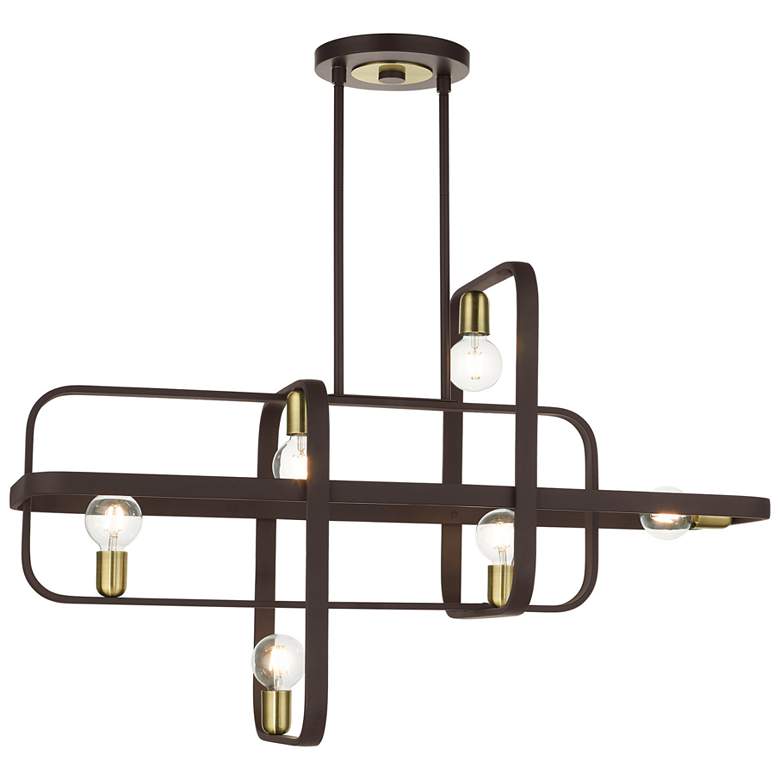 Image 1 Bergamo 6 Light Bronze Linear Chandelier with Antique Brass Accents