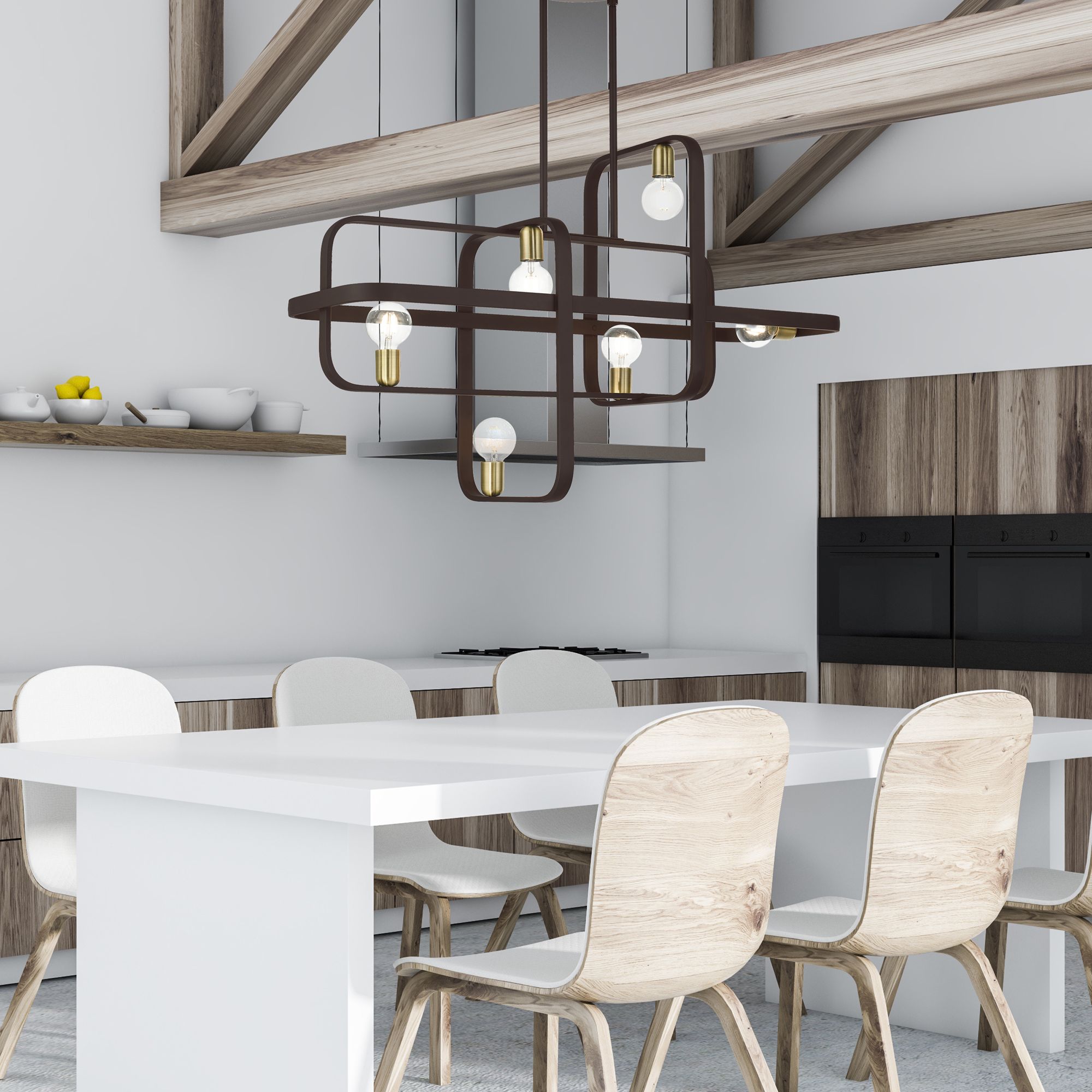 Bergamo 6 Light Bronze Linear Chandelier with Antique Brass Accents