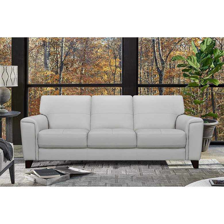 Image 7 Bergen 88" Wide Dove Gray Leather and Brown Legs Sofa more views