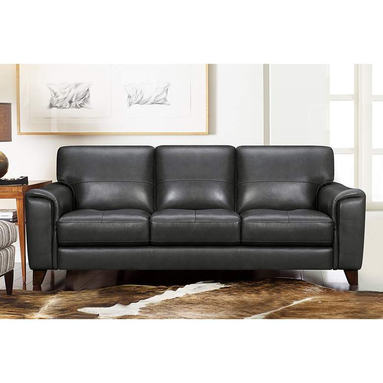 Image 7 Bergen 88" Wide Pewter Leather and Brown Legs Sofa more views