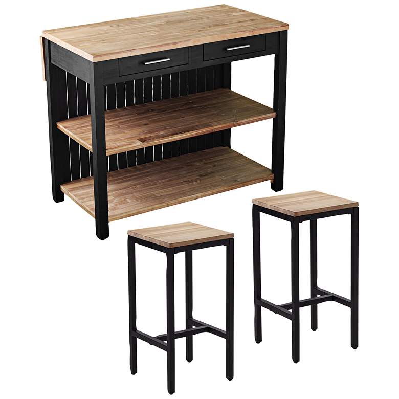 Image 2 Berinsly Black Natural 3-Piece Kitchen Island and Stool Set