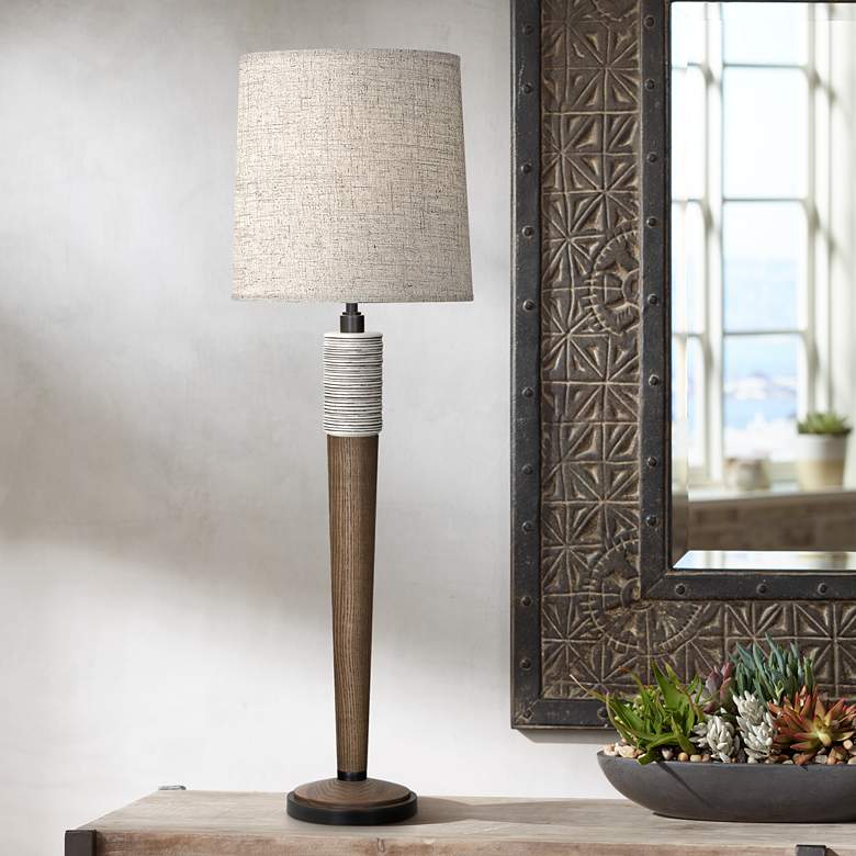 Image 1 Berkley Walnut Wood Buffet Table Lamp w/ Bisque Linen Shade