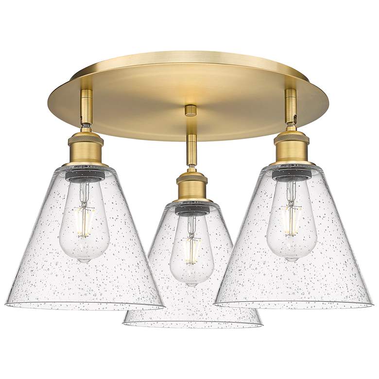 Image 1 Berkshire 19.75 inchW 3 Light Brushed Brass Flush Mount With Seedy Glass S