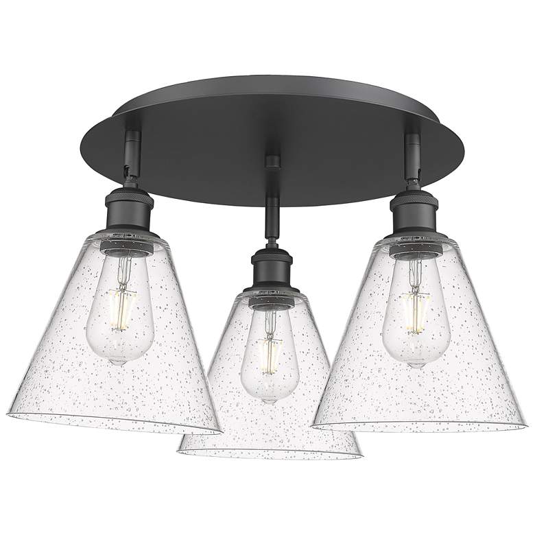 Image 1 Berkshire 19.75"W 3 Light Matte Black Flush Mount With Seedy Glass Sha