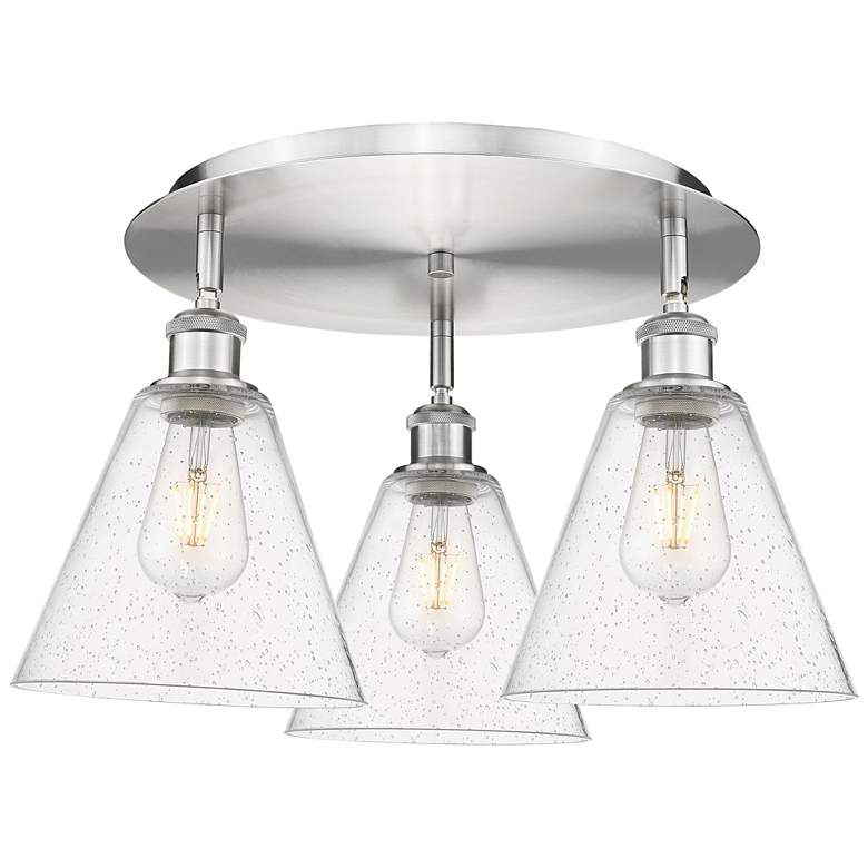 Image 1 Berkshire 19.75"W 3 Light Satin Nickel Flush Mount With Seedy Glass Sh