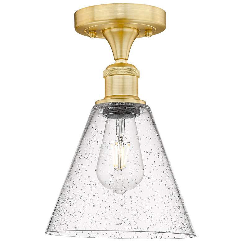 Image 1 Berkshire 8" Wide Satin Gold Semi.Flush Mount With Seedy Glass Shade