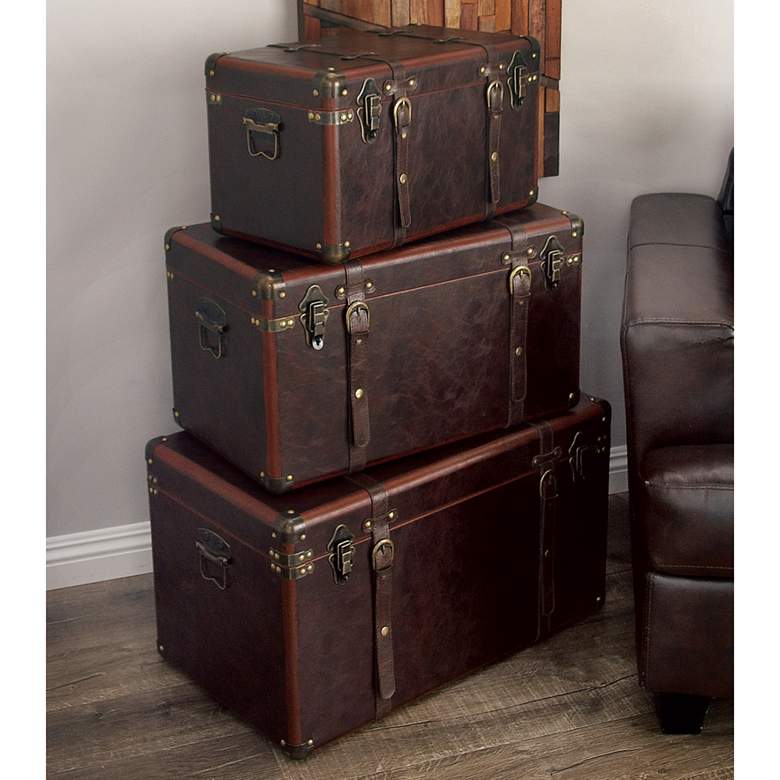 Image 1 Berlin 27"W Dark Brown Faux Leather Nesting Trunks Set of 3