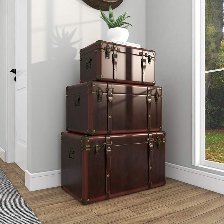 Image 7 Berlin 27"W Dark Brown Faux Leather Nesting Trunks Set of 3 more views