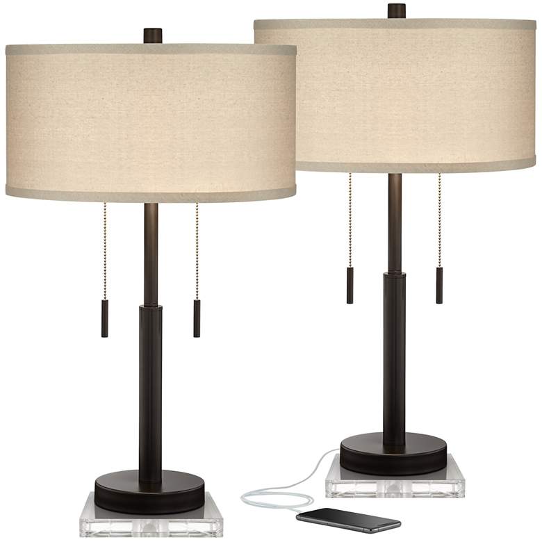 Image 1 Bernie Industrial Bronze Table Lamps With USB and 7 inch Square Risers
