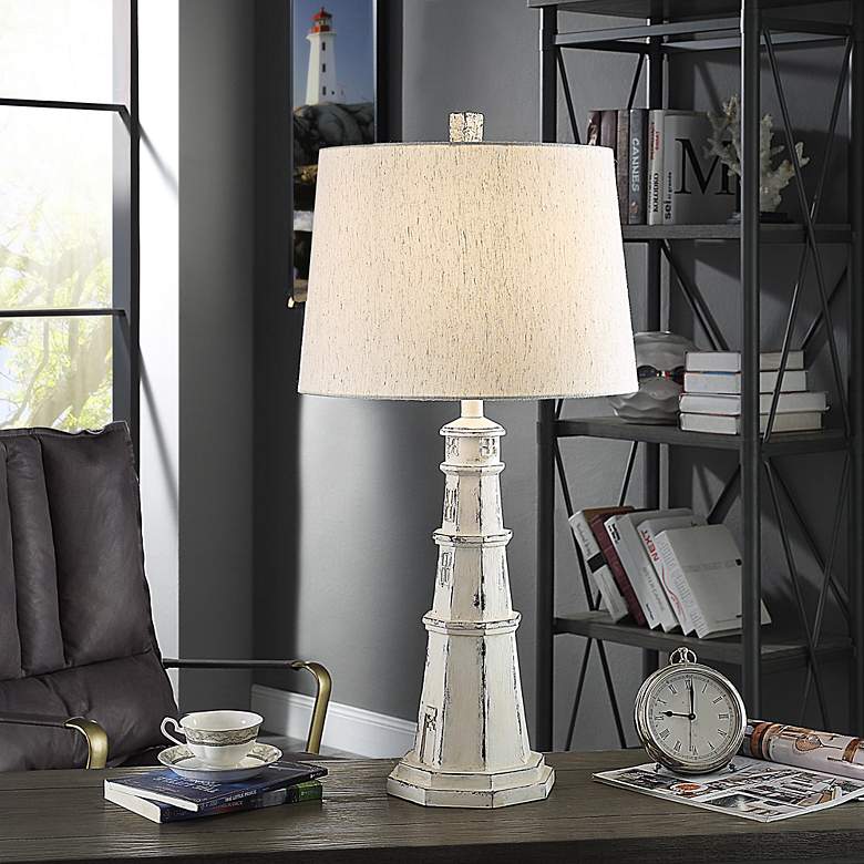 Image 7 Berwyn Light House Table Lamp - Distressed White - Oatmeal Shade more views