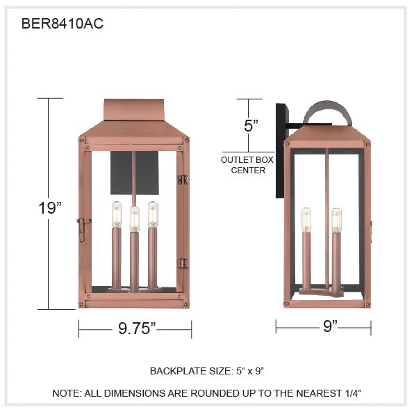 Beryn 3-Light Aged Copper Outdoor Wall Lantern