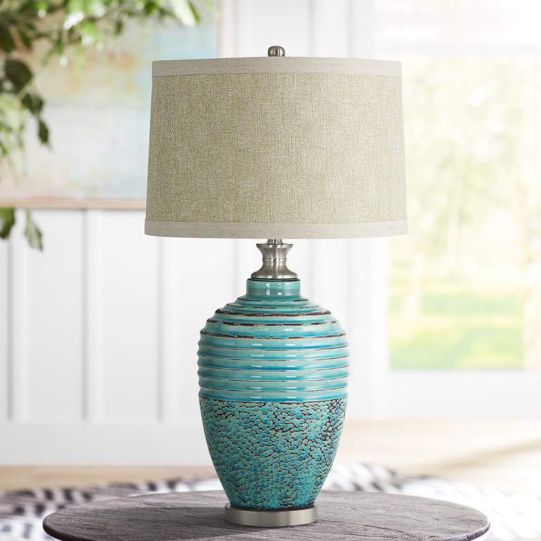 Image 1 Beta Teal Textured Ceramic Jug Table Lamp