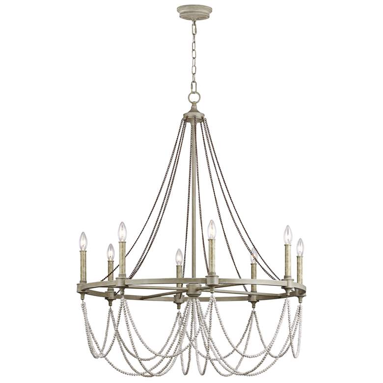 Image 2 Beverly 36 inch Wide French Washed Oak Wagon Wheel Chandelier