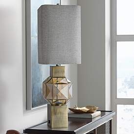 Image1 of Beverly Brass Metal and Beige Glass Geometric Table Lamp