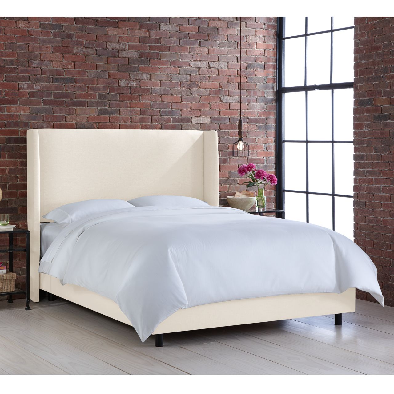 Queen upholstered online wingback bed